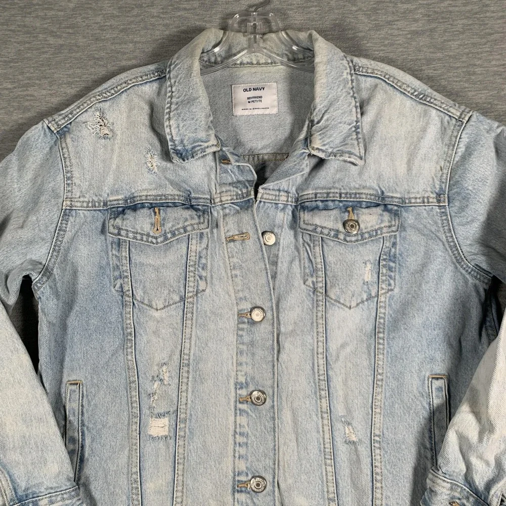 Old Navy Boyfriend Denim Jacket Womens Petite Medium‎ Light Wash Distressed Jean